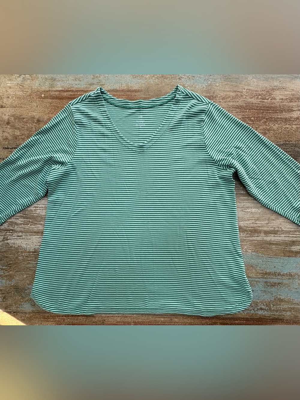 J.Jill 3/4-Sleeve Green & Aqua Striped Pima Cotton V-Neck Top.